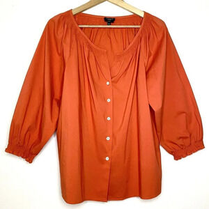 Talbots Women's 10 Boho Chic Orange Peasant Blouse Elastic 3/4 Sleeves V-Neck